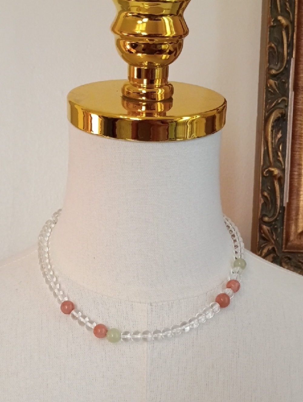 Clear Glass Beaded Necklace Coral Green Accent Faceted Statement